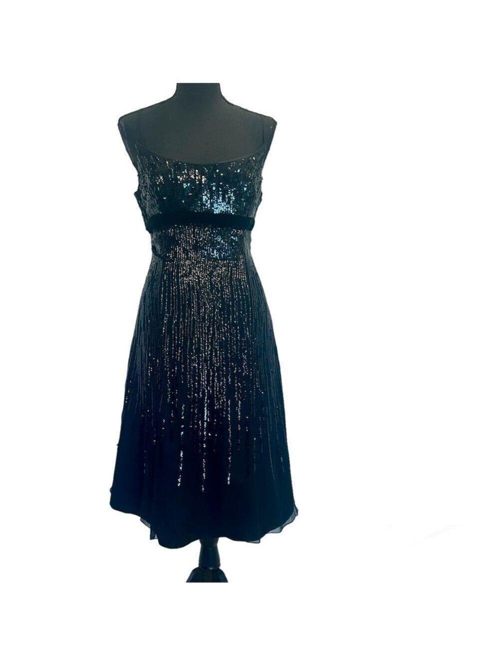 Jovani black sequin silk velvet sleeveless spaghetti strap A-line midi dress 12
